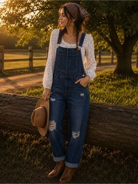 Boho Farm Girl Distressed Denim Overalls Women’s Size 10